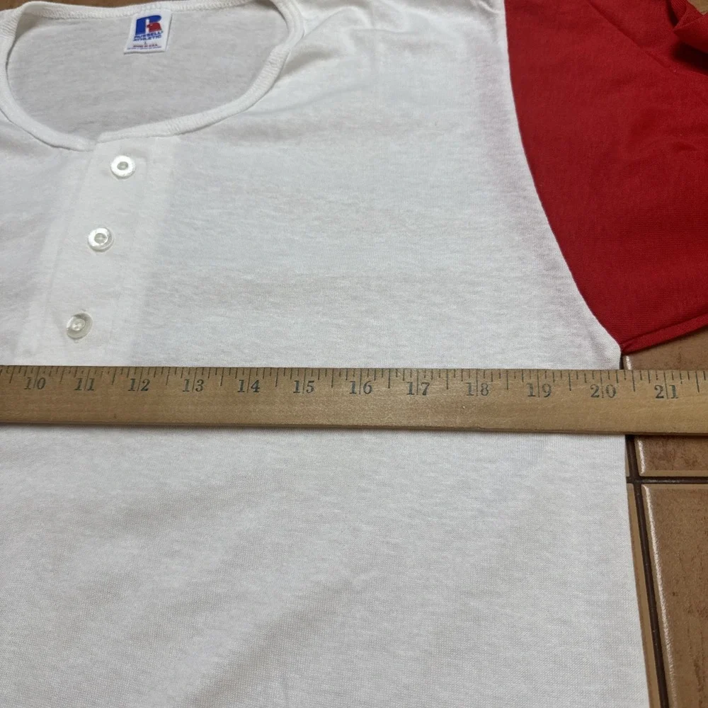 VTG Russell Athletic Shirt Sz L White Red 3/4 Sleeve Raglan Baseball USA Made